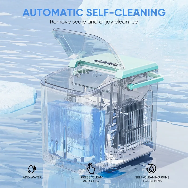 ماكينة صنع الثلج المحمولة ماكينة كونترتوب ذاتية التنظيف 9 مكعبات ثلج رصاصة في 6 دقائق تصميم مدمج سلة مغرفة الثلج