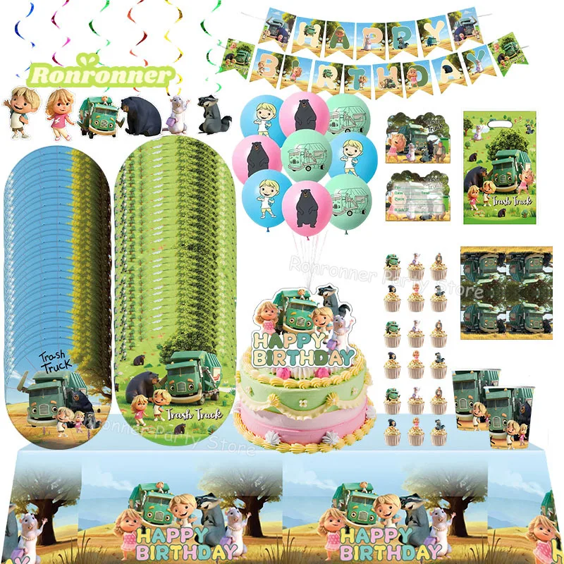 Suministros de cumpleaños desechables de Hank Trash Truck: Fondo, mantel, globos, soportes para pasteles, bolsas de regalo, decoración y regalo para cumpleaños de niño
