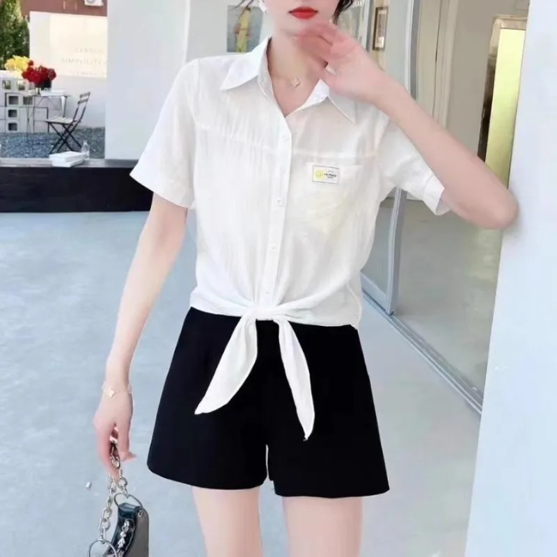 Women's Short Sleeve Bow Chiffon Blouses Summer New Korean Polo Collar Spliced Pockets Epaulet Solid Color Single-breasted Shirt