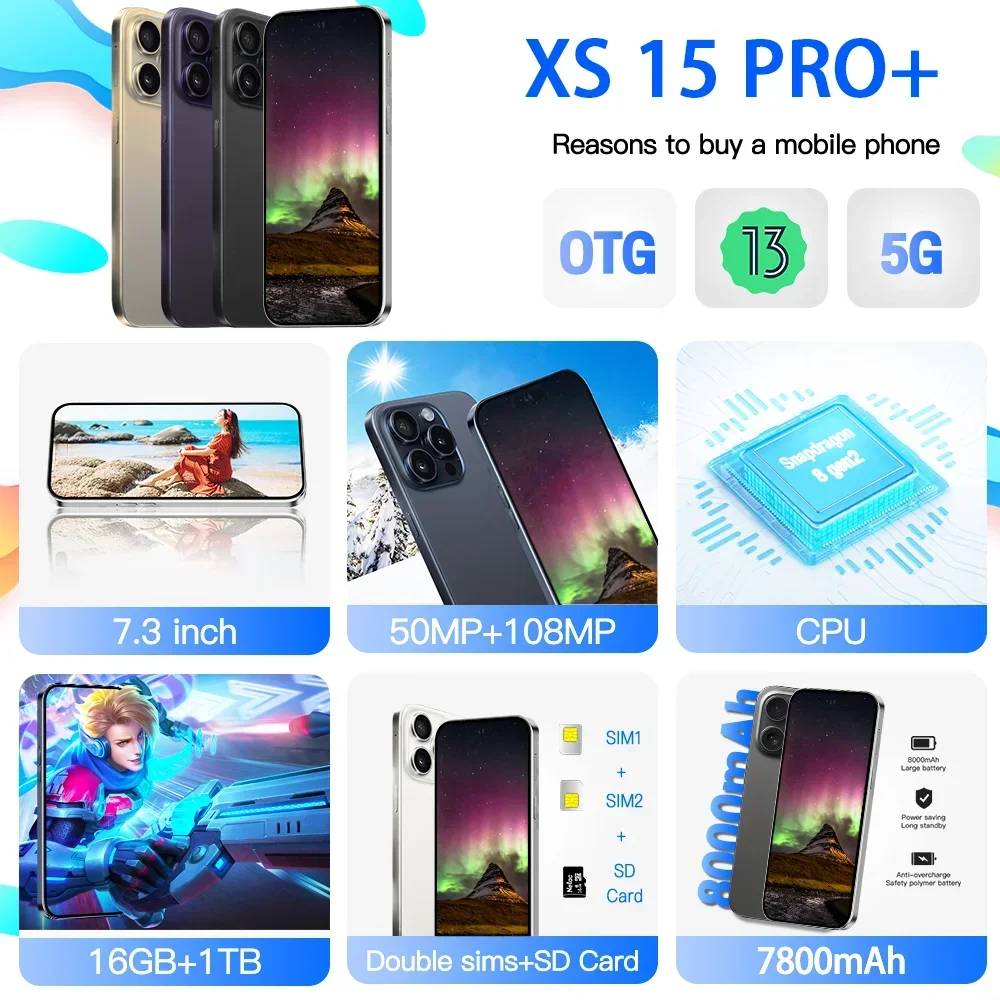 الأصلي للعلامة التجارية الجديدة XS15 Pro + الهاتف الذكي 7.3 بوصة شاشة كاملة 4G 5G هاتف محمول 7800mAh الهواتف المحمولة النسخة العالمية