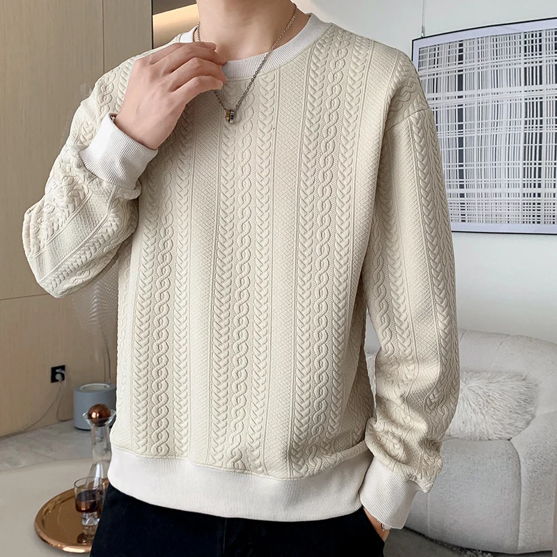 

Autumn and Winter Men's Pullover Round Neck Patchwork Solid Color Loose Fitting Long Sleeved Texture Long Sleeved Sweatshirts