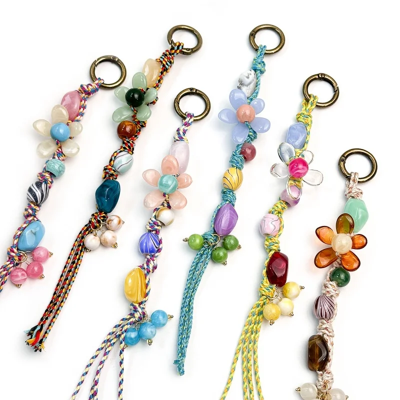 Flower Beaded Phone Charm Mixed Color Plaid Stone Phone Chain Purse Charms Cute Keychain Bag Key Chain for Women Bag Charms