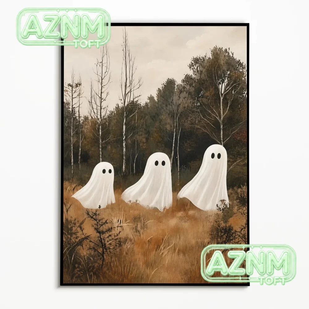 1PC Forest Wildflower Lawn Cute Ghost Poster  Autumn Halloween Wall Art  Frameless Canvas Printing Fall Vintage Wall Decorati