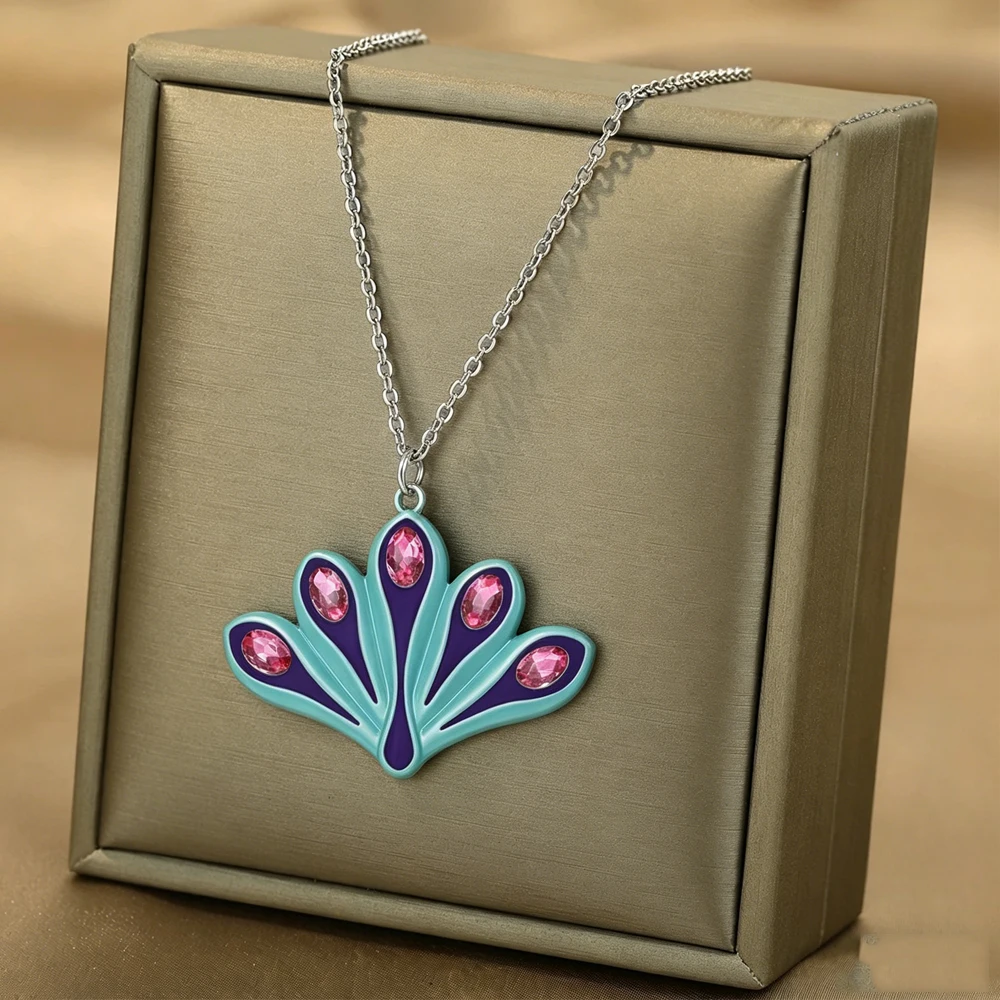Catuni Colorful Enamel Peacock Feather Necklace Pink Crystal Inset Fan-Shaped Pendant Bohemian Style Elegant Jewelry For Women