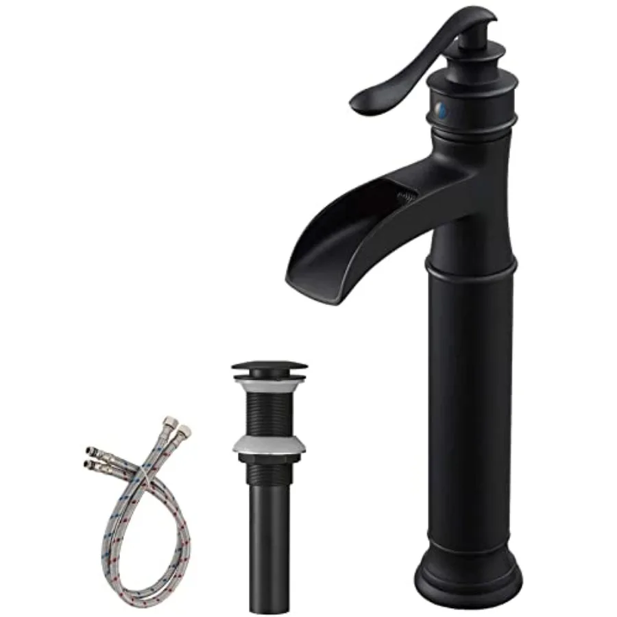 

Vessel Sink Faucet Waterfall Matte with Pop Up Drain Without Overflow and Supply Lines Sink Faucet Bathroom One Handle Faucets