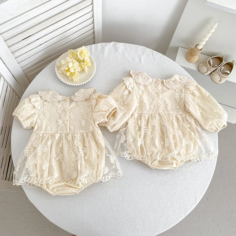 Baby-Mädchen-Strampler aus Spitze, langärmelig, mit Stickerei, Peter-Pan-Kragen, Body, Neugeborenen-Overall, beige, Geburtstags-Foto-Outfit, 0-24 Monate – Detail 17