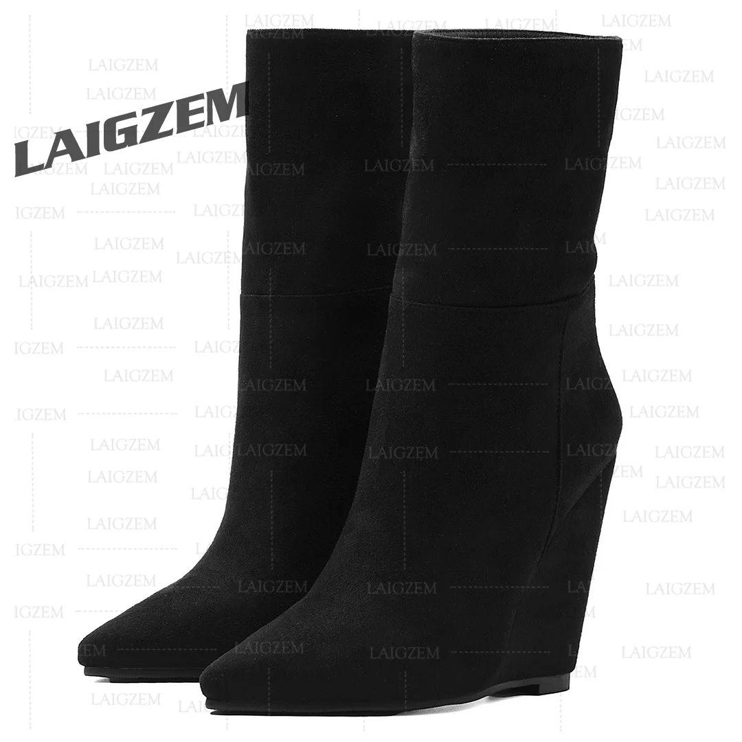 LAIGZEM Women Calf Boots Wedges Pull Up Pointed Toe Handmade Faux Suede Handmade Short Boots Ladies Shoes Woman Big Size 41 45