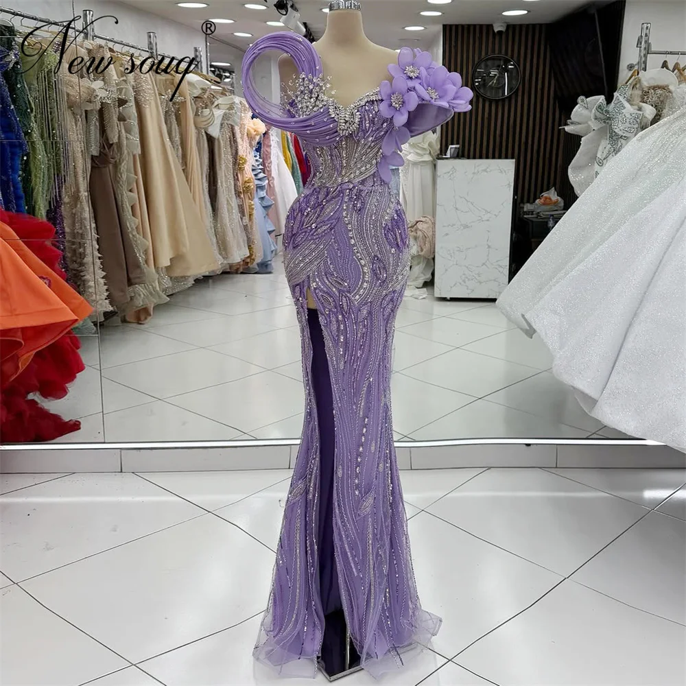 

Arabic Purple Ruffles Neck Evening Dresses Customized Side Slit 3D Flowers Engagement Gowns Vestidos De Cóctel Prom Party Dress