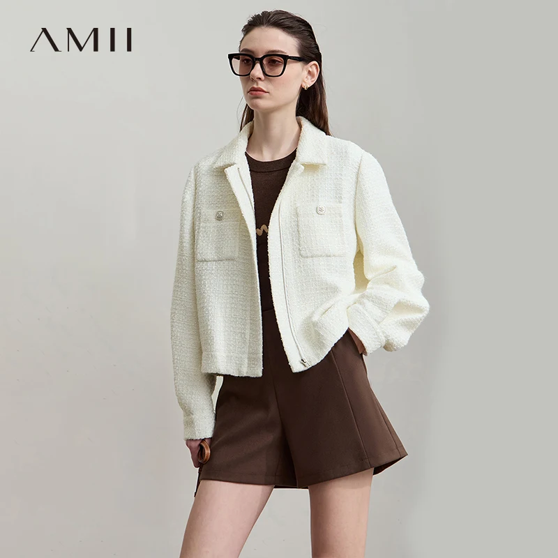 

AMII Women's Jackets Classic Turn-down Collar Zipper Tweed Straight Long Sleeve Tops 2025 Autumn New Elegant Woman Coat 12543098