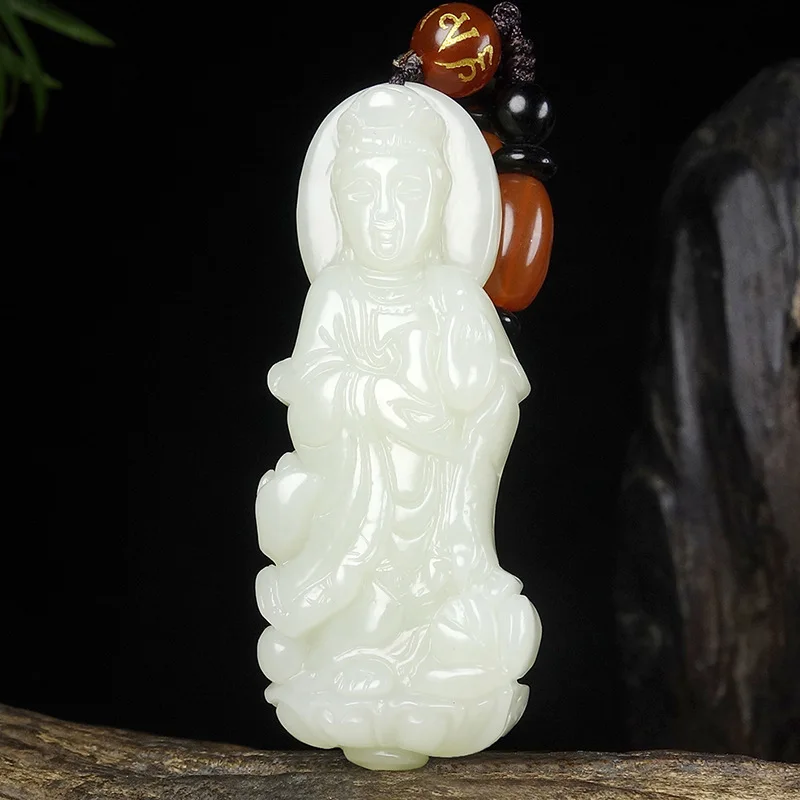 

Fine Jewelry Natural Hetian Nephrite Jade Guanyin Pendant Hotan Jade Double sided Carving Three dimensional Station Lotus Guanyi