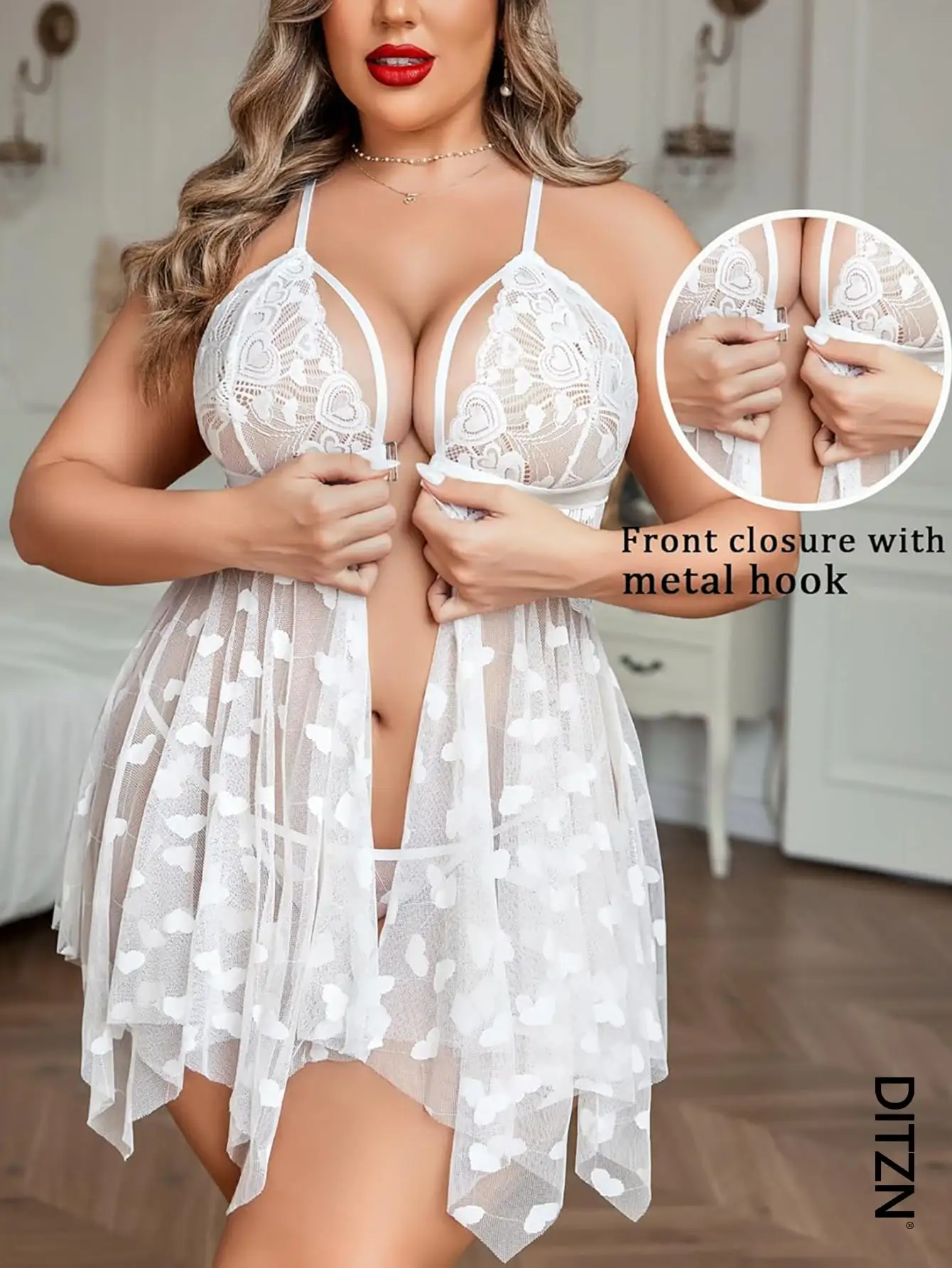 White Lace Heart Pattern Sheer Front Hook Closure Sleep Dress with Tulle Skirt