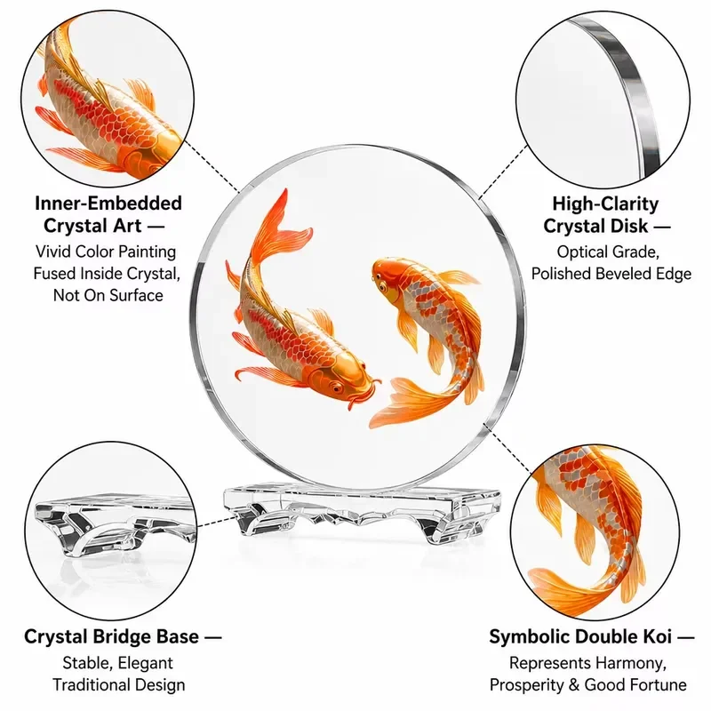 Custom crystal koi fish sculpture 3D laser engraving ring ornaments, desk decorations, lucky gifts OEM factory direct sales,