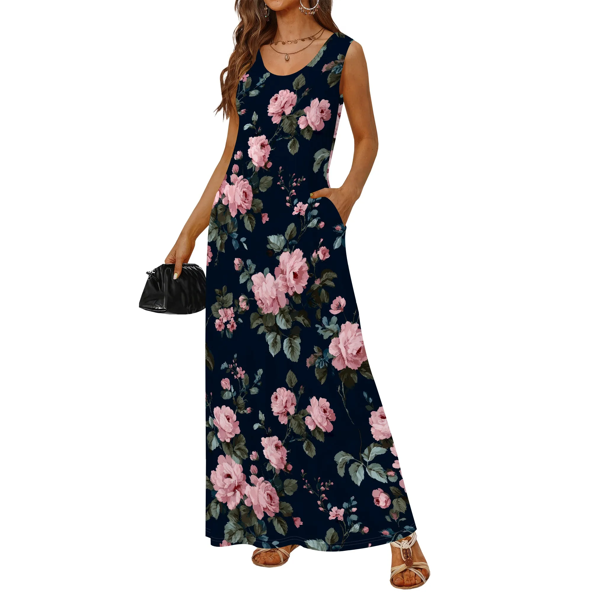 Vestido feminino de verão estilo 2025 - Tamanho grande, estampa floral estampada, vestido sem mangas, vestido longo casual e fluindo