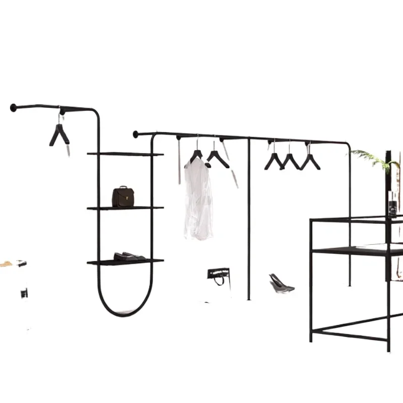 Simple clothing store matte black wall hanging display rack, wrought iron floor straight rod side hanging hanger men's