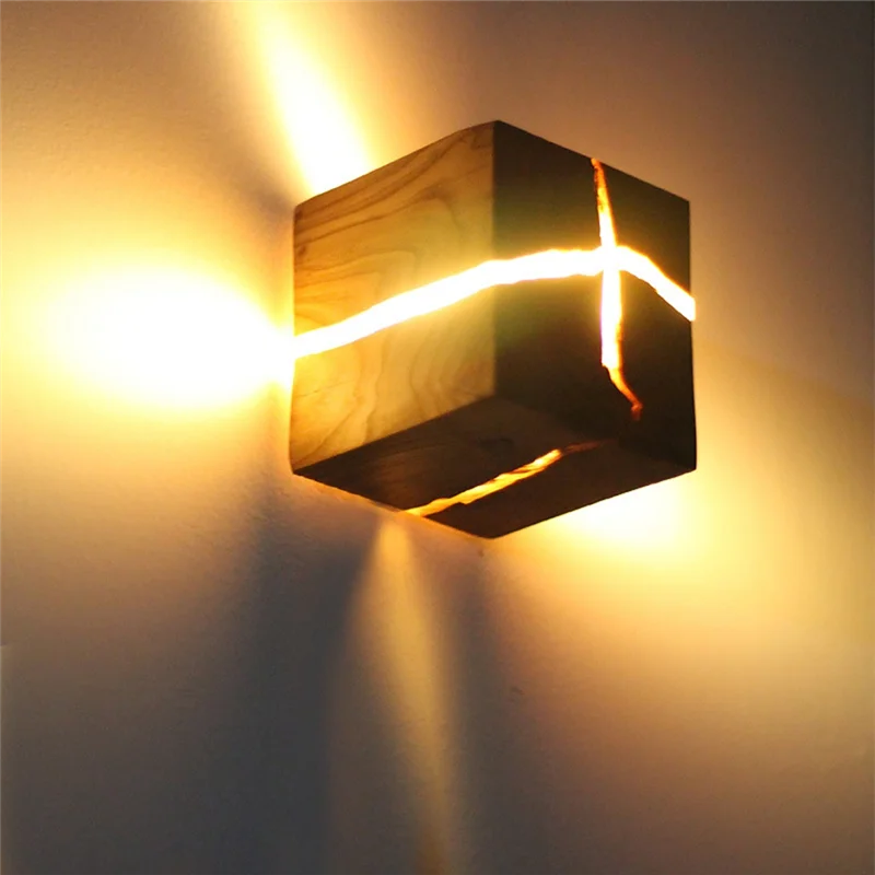 ABLN-Decorative LED Wall Light Cracked Wood Square Solid Wood Bedlight Corridor Balcony Lighting