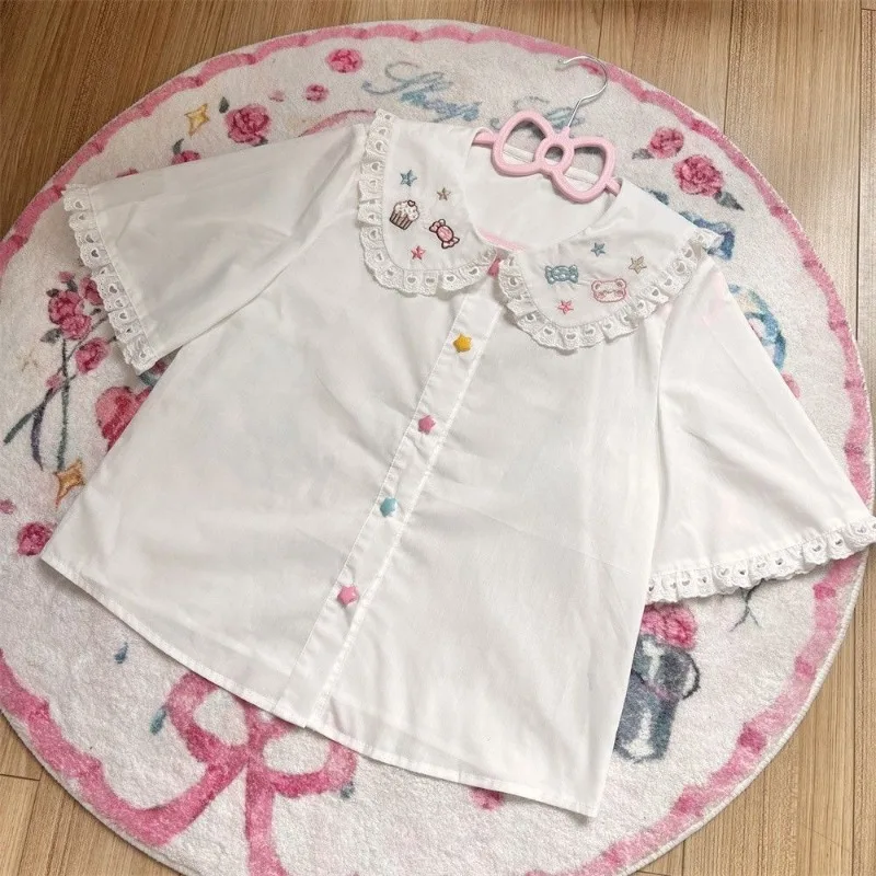 HOUZHOU White Cartoon Embroidery Shirts Women Kawaii Lolita Lace Short Sleeve Babydoll Top Cutecore Jk Japanese Loose Blouses