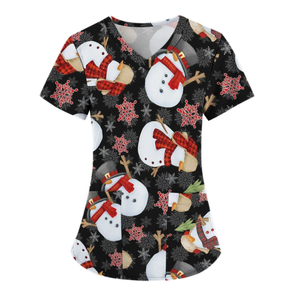 New Christmas Women Nursing Scrubs V-neck Pocket T-shirt Scrubs Uniforms Clothing Plus Size Tops Short Sleeve Santa Claus Tops