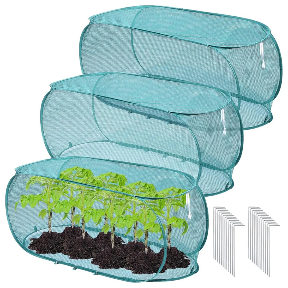 AT59 3Pcs 99x40x45cm Garden Plants Cover with 24 Ground Nails,Mesh Netting Covers Net Cage Guard Protector for Plant