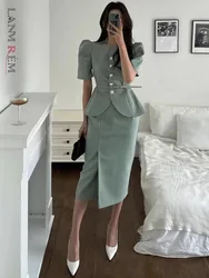 LANMREM 2 Pieces Sets For Women Short Sleeve Belt Blazer Coat + Split A-line Skirts Female Suit Set New Office Lady 2DA5402