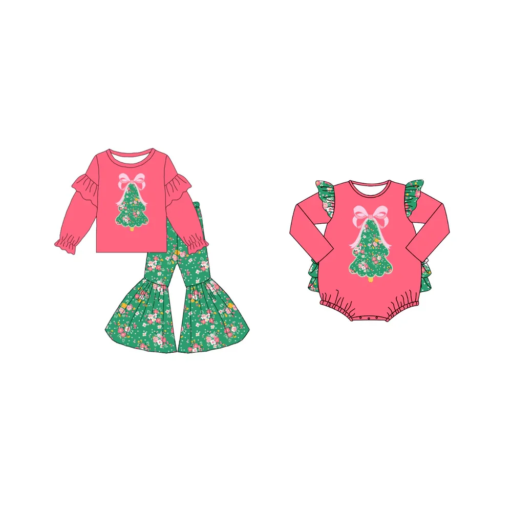 

Kids girls long-sleeved pants set Christmas tree bow print top flared pants matching romper milk silk custom wholesale