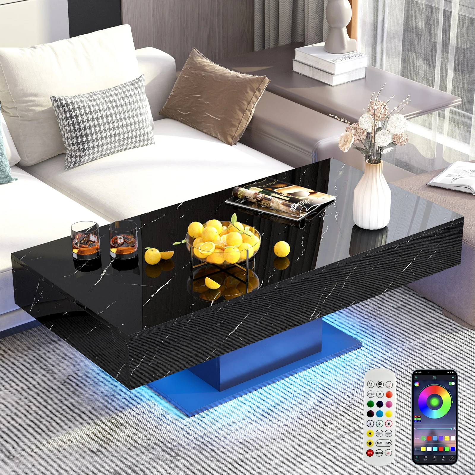 43-Inch Large Center Table, LED Coffee Table with 2 Storage Sliding Drawers, modern High-Gloss Coffee Table with Marbling Print