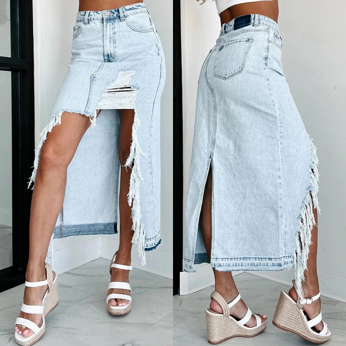 Distressed Ripped Denim Skirts Holes Skirt Solid Zipper Fly High Waist Vestidos Washed Slim Pockets Sexy Wrap Buttocks
