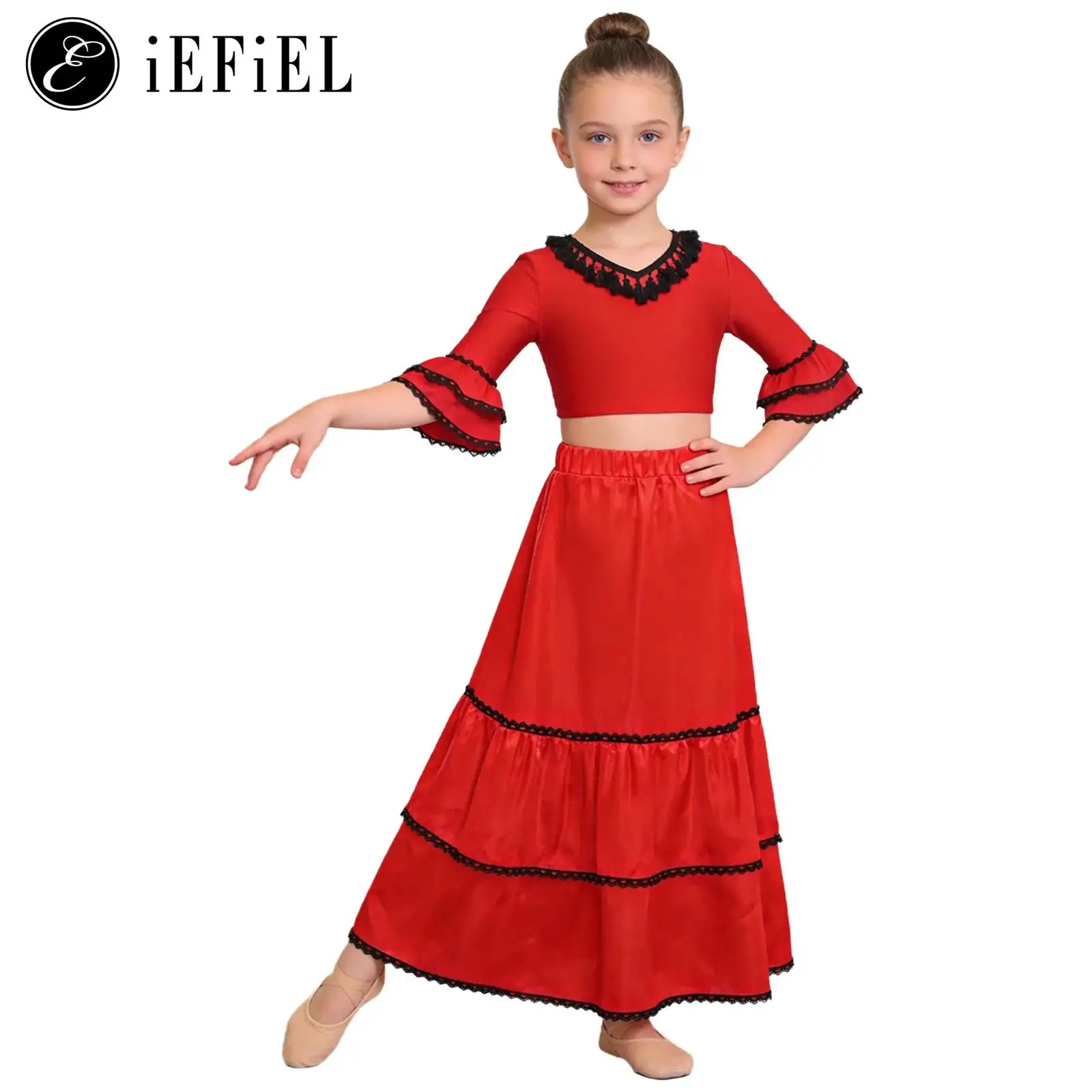 Traje de Danza Flamenca para Niñas, Disfraz de Danza Española, Top Corto con Volantes y Borlas, Media Manga, con Falda de Satén en Capas