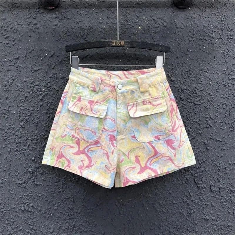 Colorful High Waisted Workwear Denim Shorts Fashionable Loose Dyed A-line Wide Leg Pants 2025 Summer New Women's Hot Pants
