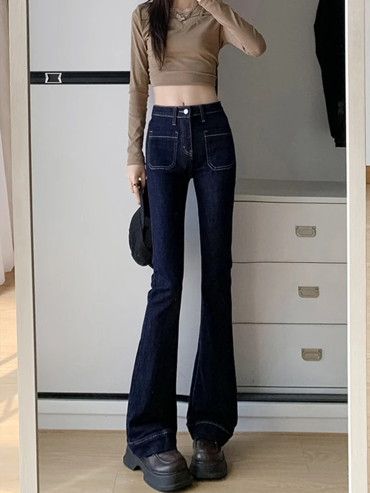 Single Breasted High Waist Flare Jeans For Women Spring Autumn High Street Slim Boot Cut Denim Pants Ladies Fishtail Jeans