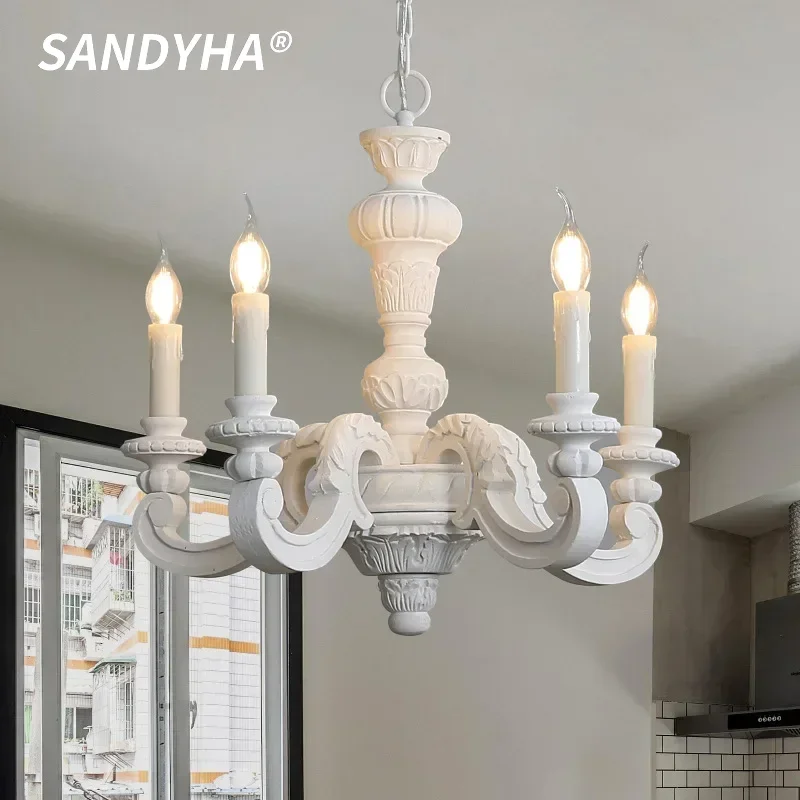 SANDYHA American Woodwork Pendant Lights Carving Old Chandelier Led Lamp Bedroom Decoration Living Room Dining Table Lighitng