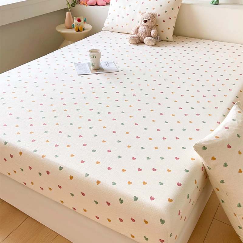 Floral Bowknot Pattern Bubble Gauze Fitted Sheet Fresh Summer Thin Skin-Friendly Breathable Fabric Mattress Protector 매트리스 커버