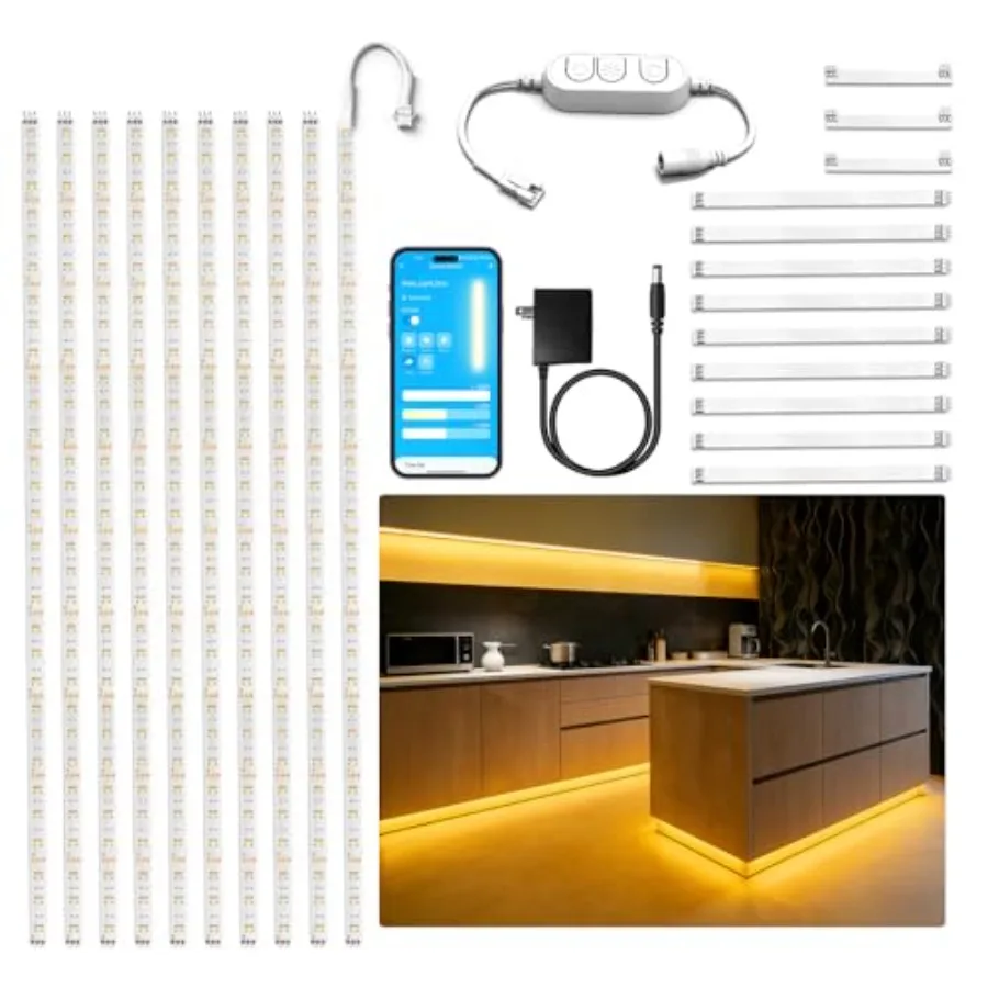 Under Cabinet Lighting Kit, 10 PCS Under Cabinet Lights, 2700K-6500K Tunable White LED Strip Lights with APP, Power Adapter, Di