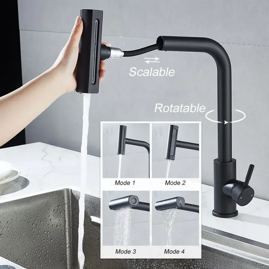 Pull-out Kitchen Faucet Stainless Steel Waterfall Mixer Tap Deck Mounted Multi-functional 4 Modes Adjustable Bathroom Faucet
