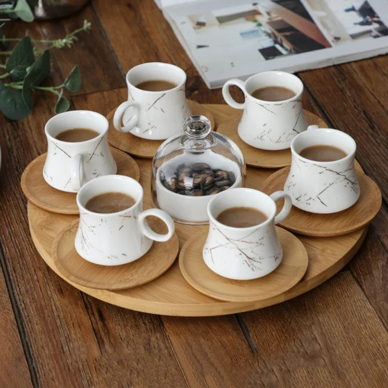 Coffee Cup & Saucer Set - Wooden Pallet Concentrate Cup with Ceramic Glass Cover for Snack Bowl and Afternoon Tea Sets in 6-Piec