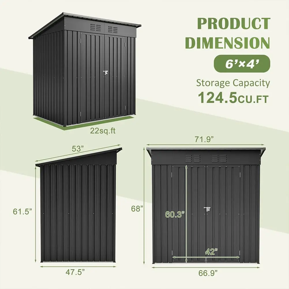 6x4FT Metal Outdoor Storage Shed with Double Lockable Doors, Galvanized Steel Tool House for Backyard Patio Lawn, Customized