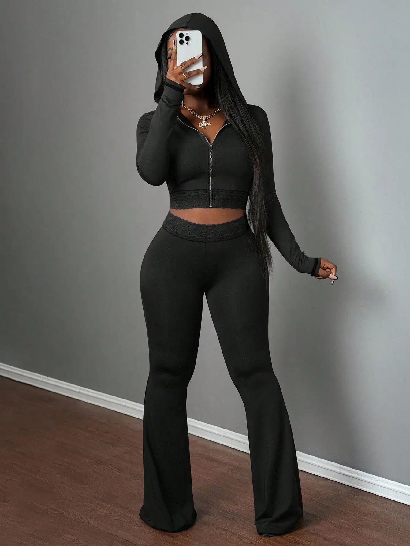 

Black Lace-Trimmed Zip-Up Hooded Crop Top and Flared Pants Set