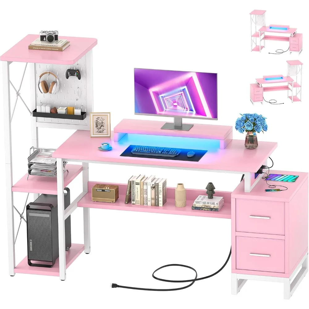 Computer Desk with 2 Fabric Drawers - Reversible Home Office Desk with Power Outlet & LED Lights, 53 Writing Desk with Monitor S