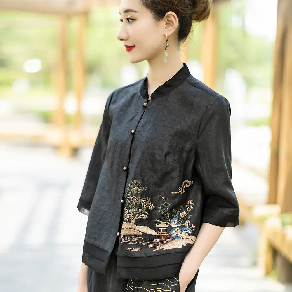 2024 new chinese style jacket button Breathable black shirt women graceful half sleeves blouse fashion tangsuits top