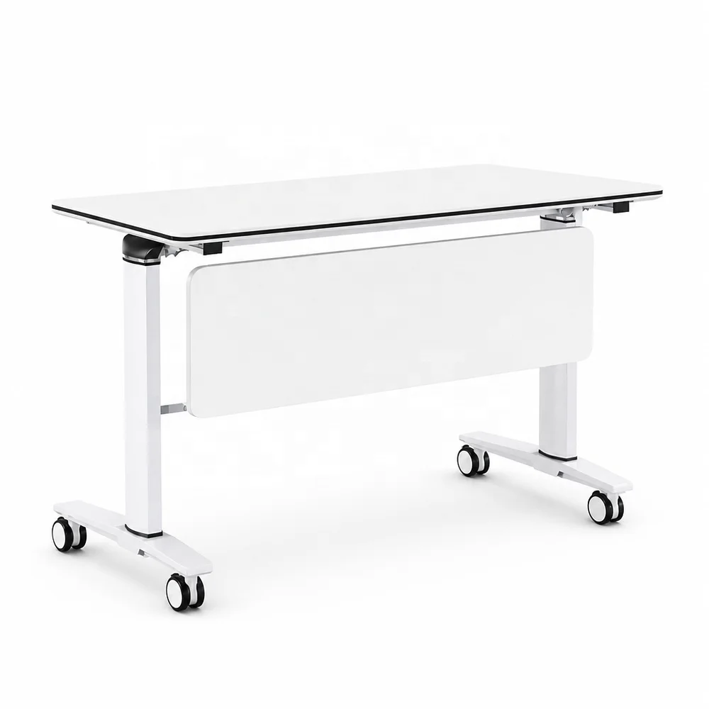 Height Adjustable Mobile Office Desk White Swivel Casters Metal Frame Folding Training Table For Flexible Workspace