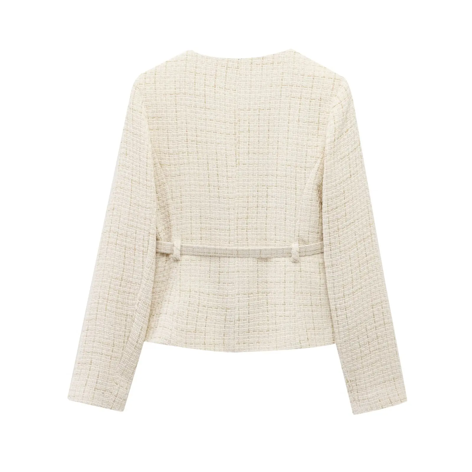 Casual Texture Long Sleeve Suit Jacket with Belt Waist Tie Fragrance Style Women's Fashion Polyester Fiber Short Coat