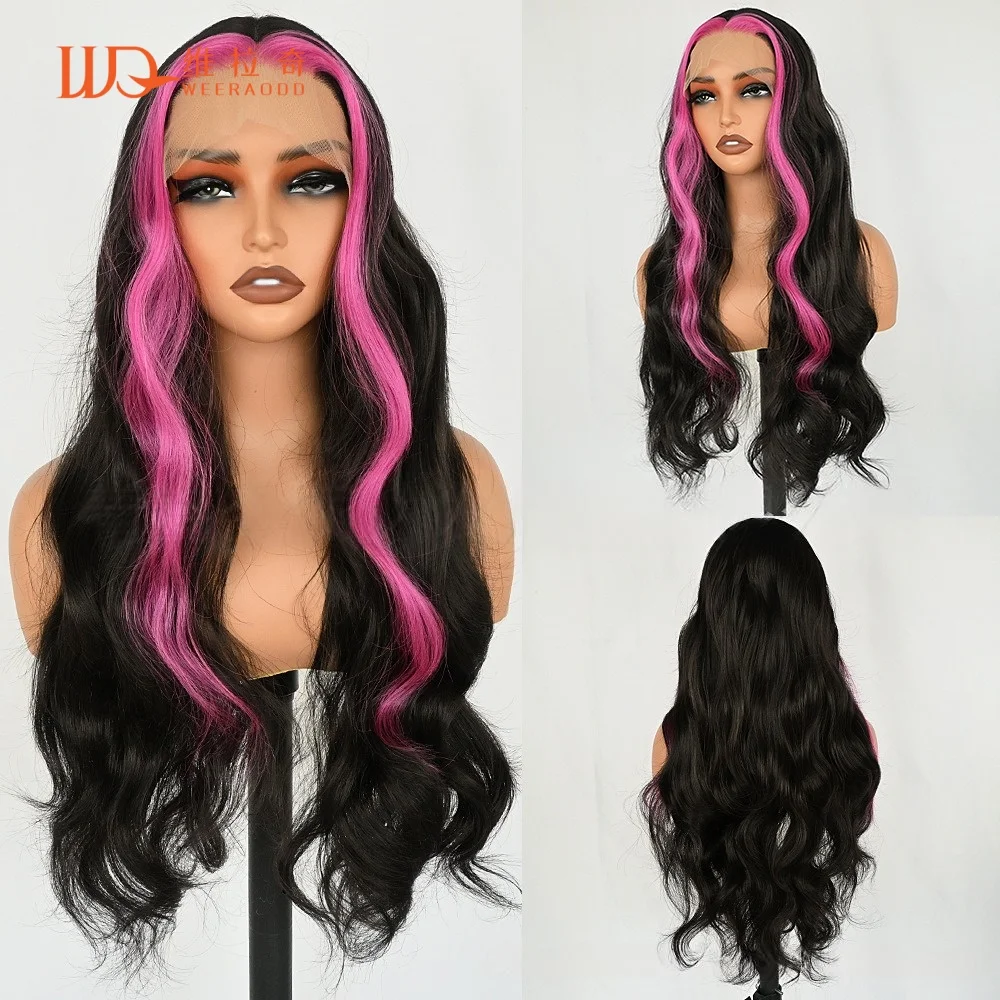 28-inch-body-wave-lace-front-wig-black-rose-red-highlight-glueless-synthetic-hair-heat-resistant-13x4-lace-150-density-wig