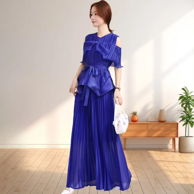 

Miyake Plus Size Women's Suit Strapless Ruffled Irregular Top Loose Pleated Half Skirt Two-piece Commuter Clothing Wrinkle-Free