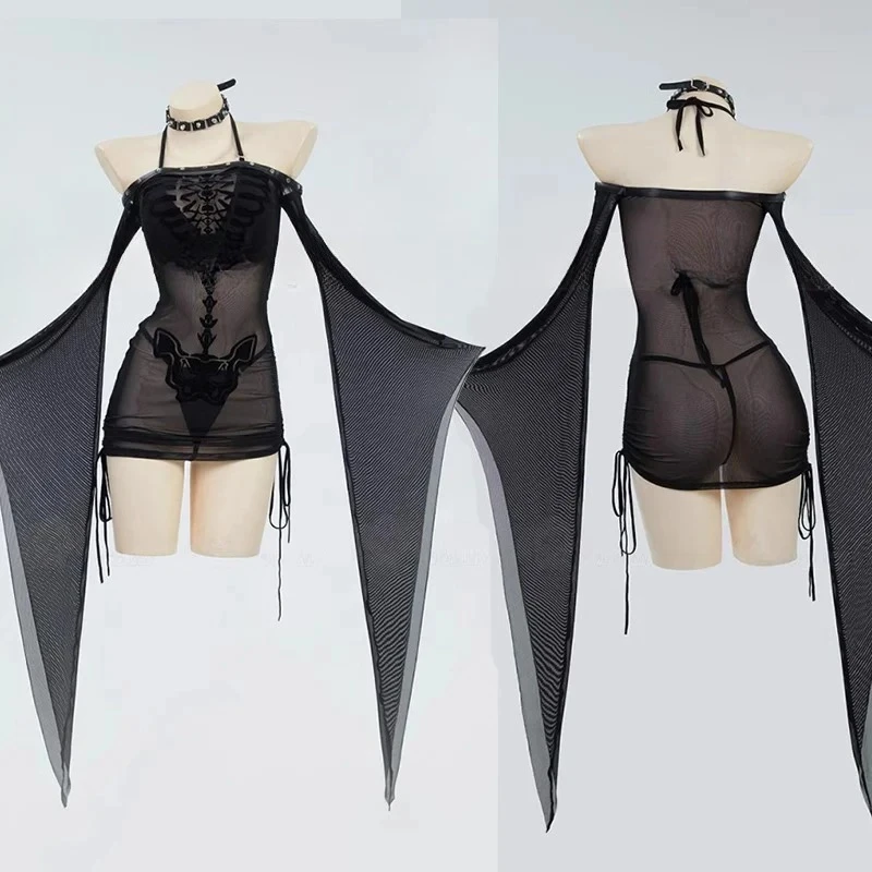 

Women Gothic Black Sexy Lingerie Skeleton Print See Though Dress and Bikini Set with Choker 2025