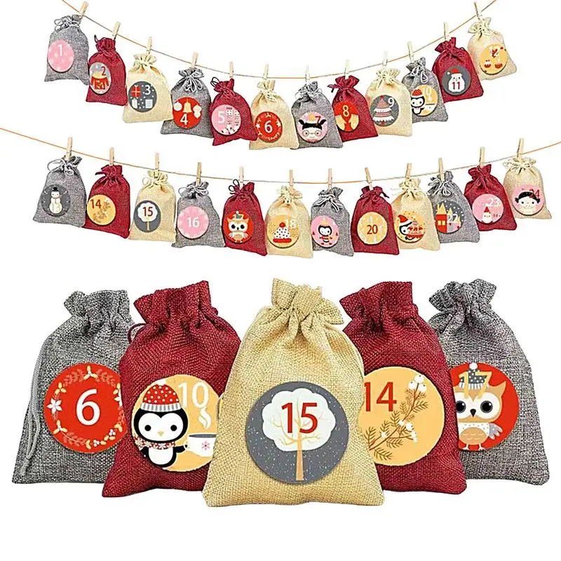 Christmas Decoration 2024 Advent Calendar 24pcs Gift Bags Kerst Decoratie Christmas Countdown Burlap Bags Ornament Xmas Navidad