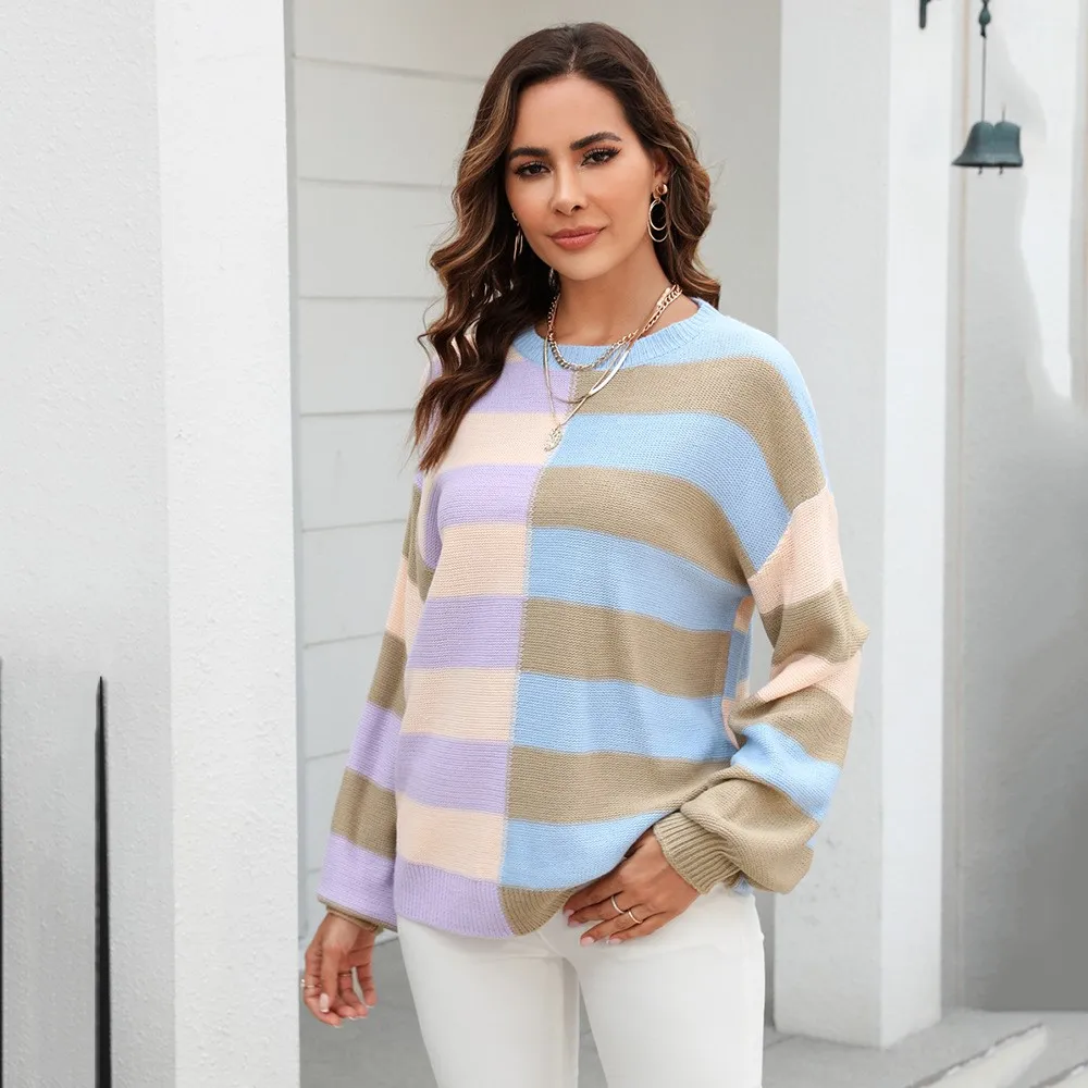 Fashion Color Blocking Women's Knitted Long Sleeve Pullover Spring Autumn New Casual Loose Versatile Female Sweater Jacket 2026