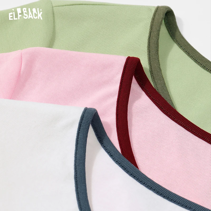 ELFSACK 2024 summer new arrival Contrast color slim fit straight shoulder curved hem short sleeve T-shirt for women