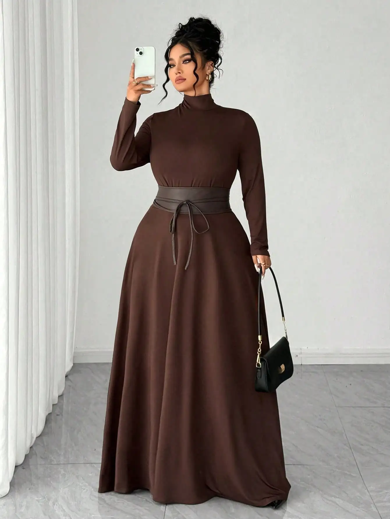 

Brown High Neck Long Sleeve A-Line Maxi Dress with Waist Belt