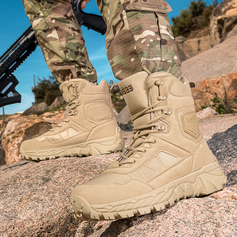 High-Top Leather Men's Breathable Desert Combat Boots Outdoor Non-slip Hiking Boots Men Motorcycle Work Ankle Boots