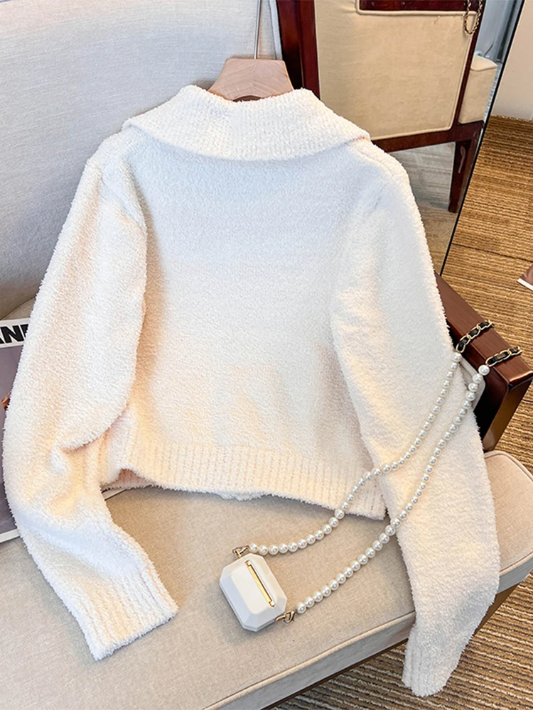 Women's White Cardigan Sweater Harajuku Y2k Teddy Coats Long Sleeves Knit Cashmere Luxury Sweaters Vintage 2000s Clothes Autumn