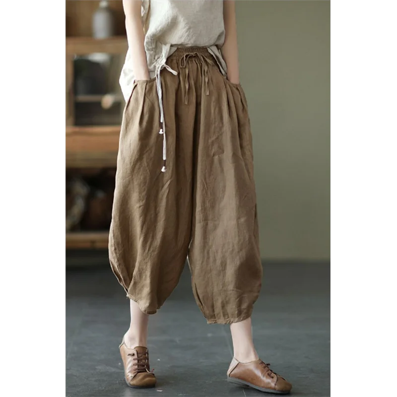 Senhoras moda solta coringa confortável algodão e linho bloomers casual personalidade cintura alta temperamento casual harem calças